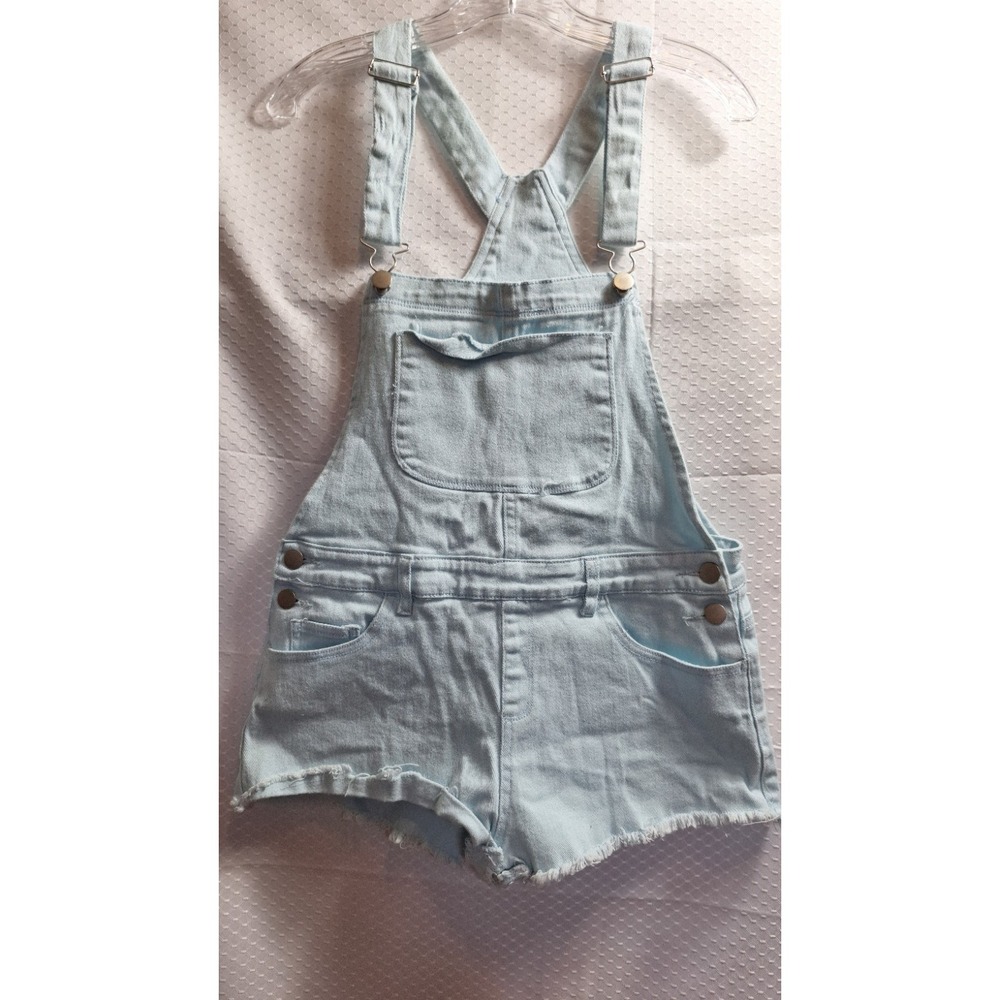 FOREVER 21 Denim Short Overalls Sz S Blue Shortalls Cut-Off Hem Hot Pants Booty